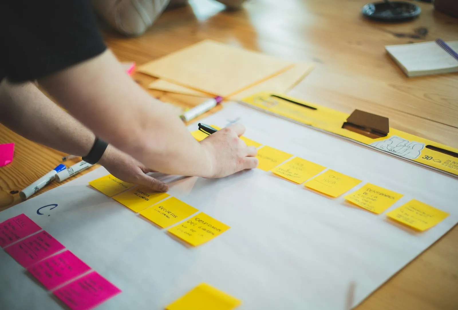 Hands arranging sticky notes on a customer-journey map during a workshop